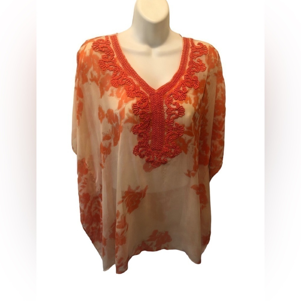 Chico’s Embroidered Printed Poncho S/M Orange Tan Sheer Batwing Boho Festival